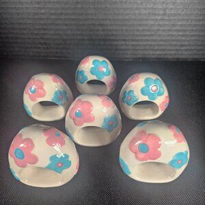 Set Of 6 Ceramic Easter Egg Shaped Napkin Rings With Pink & Blue Floral Motifs
